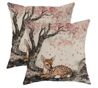 Spring Throw Pillow Covers Set of 2, Peach Cherry Flower Deer Decorative Cushion Cases, Rustic Woodland Farmhouse Style for Sofa Bed Couch Home Decor 22x22 Inch
