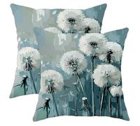 Spring Throw Pillow Covers Set of 2, Teal Dandelion Floral Cushion Covers, Outdoor Decorative Square Farmhouse Decor for Home Sofa Bed Couch 16x16 Inch