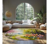 Spring Tulip Round Rugs 120 cm Low Pile Floral Garden Green Branches Washable Circle Rug with Rubber Backing for Classroom Dorm Decor