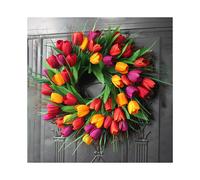 Spring Tulip Wreath - Artificial Silk Flowers, Multicolored, 38-40cm, Indoor/Outdoor Front Door Window Wall Decor UK