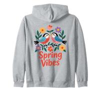 Spring Vibes Scandinavian Folk Art Flower Bird Zip Hoodie
