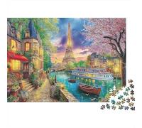 Spring Village Scene 1000 Pieces Jigsaw Puzzles Cardboard Paris Street with Eiffel Unique Christmas Birthday Gift Family Adults Kids Premium Quality Group Activity Home Decoration 38x26cm/1000pcs