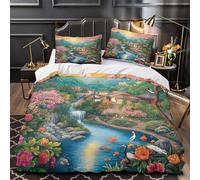 Spring village scene 3D Digital Print Duvet Cover 3pcs Microfiber Easy Care Bedroom Decor Japanese garden Comforter Cover 2 Pillowcases Hidden Zipper Breathable Kids & Teens Single（140x200cm）