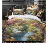 Spring village scene 3D Print Comforter Cover 3-Piece Microfiber Durable Skin-Friendly Asian garden landscape Duvet Cover 2 Pillow Shams Hidden Zipper Home Decor Kids Bedroom Double（200x200cm）