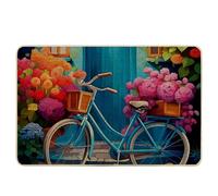 Spring Washable Door Mat Rustic Cottage Farmhouse Bicycle Beautiful Flower Blue Violet Orange Rubber Absorbent Duty Decorations Bathroom Patio Office Porch Home Waterproof Non Slip 17x29 inch