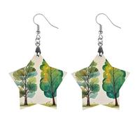 Spring Watercolor Eucalyptus Trees Wooden Earrings for Women, Vintage Elegant Wood Jewelry, Lightweight Earrings for Wedding, Party, Everyday Jewelry Gift, Star, Wood, wood