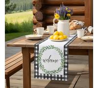 Spring Watercolor Leaves Welcome Text Table Runner 36 Inches Long,Table Runners Kitchen Dining Tables Decoration, Black White Buffalo Tables Runner for Home Party Wedding Dresser Scarf