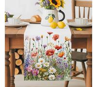 Spring Watercolor Table Runner 13x60 Inches Long Red Pink Flower Wildflower Lavender Leaf Cotton Linen Table Runner Burlap Style for Dinner Table Party Decor Tabletop Decorations