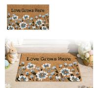 Spring Welcome Doormat, Love Grows Here Entrance Mat with Blue and White Floral Design, Easter Front Door Rug for Indoor and Outdoor Porch Decor (50x80cm)