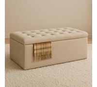 Spring Well,Beautiful Spanish Upholstrey in Linen Turin with Fabric Buttons, Ottoman, Box/Storage Blanket Box (GT, Medium)