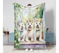 Spring Westie Dog Throw Blanket 50x60 Inch, Window Potted Plant Puppy Soft Cozy Fuzzy Blanket for Couch Living Room Beach Travel, Fun Pet Home Sofa Decor