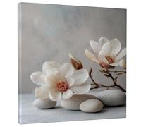 Spring White Floral Canvas Wall Art, Elegant Magnolia Flower Print, Abstract Home Aesthetic Decor for Living Room, Bedroom, Bathroom, Office, Wrapped Canvas 12x12 Inch