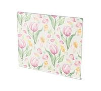 Spring White Leaves Tulips Print Acrylic Cutting Board with Counter Lip Non Slip Clear Baking Cutting Board for Countertops Protector Large Size 16”×13”