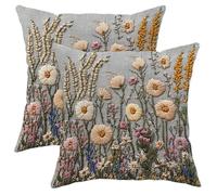 Spring Wild Flower Pillow Covers Set of 2,Gray Floral Embroidered Cushion Cases,Holiday Decor Square Farmhouse Style Throw Pillows for Sofa Bed Couch 18x18 Inch