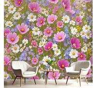 Spring Wildflower Meadow Background Wall Mural - 400X280Cm Rustic Plants Daisies Photo Wallpaper For Bedroom Living Room Playroom Teen Room, 3D Panoramic Custom Wallpaper Wall Art, Pinkish-Green