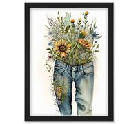 Spring Wildflowers Bursting out of a Pair of Jeans Artwork Framed Wall Art Print A4 Artery8 Black One Size