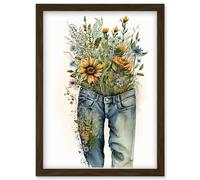 Spring Wildflowers Bursting out of a Pair of Jeans Artwork Framed Wall Art Print A4 Artery8 Brown One Size