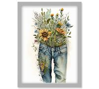 Spring Wildflowers Bursting out of a Pair of Jeans Artwork Framed Wall Art Print A4 Artery8 Light Grey One Size