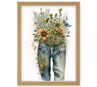 Spring Wildflowers Bursting out of a Pair of Jeans Artwork Framed Wall Art Print A4 Artery8 Light Oak One Size