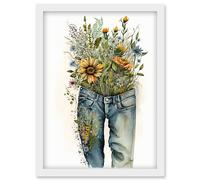 Spring Wildflowers Bursting out of a Pair of Jeans Artwork Framed Wall Art Print A4 Artery8 White One Size