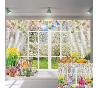 Spring Window Backdrop 7x5FT Easter Scenery Forest Tree Colorful Eggs Flower Photography Background Happy Easter Theme Birthday Party Decoration Background