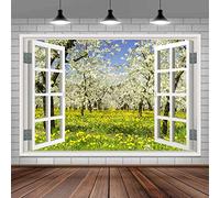 Spring Window Backdrop, White Windowsill Floral Green Forest Natural Photo Backdrop, Flower Party Banner Wall Decor Newborn Baby Kids Family Backdrop Studio Photo Booth Props, 7X5FT