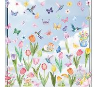 Spring Window Clings Flower Window Stickers with Butterfly and Hummingbird Double Sided Static Window Decals for Glass Spring Home Decor for Office School Living Room