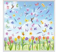 Spring Window Clings, Window Stickers for Spring, Window Decoration with Tulips Butterfly Hummingbird for Spring and Summer Home/Office/School Windows