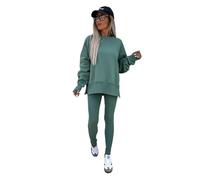 Spring women's casual loose long-sleeved round neck slit top tight pants(green,Small)