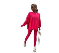 Spring women's casual loose long-sleeved round neck slit top tight pants(red,X-Large)