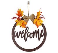 Spring Wooden Round Sign Harvest Festival Wreath with Light String Front Door Hanging Ornaments Thanksgiving Farmhouse Porch Decoration