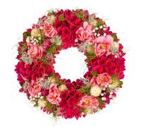 Spring Wreath Natural Wooden Garland Ornament Floral Evergreen Spring Wreaths for Front Door Summer Decoration Garden Ornaments Outdoor 32cm (Pink & Green)