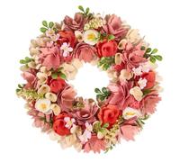 Spring Wreath Natural Wooden Garland Ornament Floral Evergreen Spring Wreaths for Front Door Summer Decoration Garden Ornaments Outdoor 35cm (Pink, White & Red)