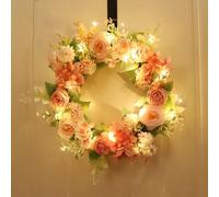 Spring Wreaths For Front Door, 15.8 Inch Hydrangea Peonies Artificial Flowers Wreath With Lights, Spring Wedding Party Decorations