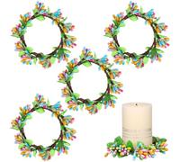 Spring Wreaths for Front Door: 4pcs Candle Rings Spring Wreath Easter Decorations Artificial Hanging Decorative Fake Garland Door Hanging Festival Home Decoration