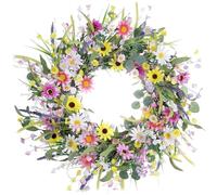 Spring Wreaths for Front Door, 55cm/22inch Artificial Wildflower Wreath, Realistic Hanging Summer Front Door Easter Wreath for Wall Wedding Festival Farmhouse Decorations
