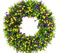 Spring Wreaths for Front Door,Artificial Wildflower Wreath,Colorful Eucalyptus Wreath,Summer Flower Wreath,Spring Door Wreath with Green Leaves,Farmhouse Wreath Indoor Outdoor Decor(Purples Yellow)