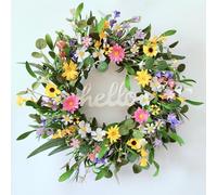 Spring Wreaths for Front Door, TOKCARE 22 Inch Eucalyptus Wreath with Hello Sign, Colorful Little Daisies and Winter Jasmine, Spring Summer Decoration Home/Window/Farmhouse/Indoor and Outdoor