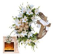 Spring Wreaths for the Front Door, Wall Sign with White Lily and Cross as Wall Decoration, Artificial Flower Wreath Made of Artificial Flowers - For Entrance Area, Living Room, Celebration, Wedding