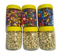 Springboard Assorted Wooden Beads (6 x 200g Tubs), Bulk Crafting Beads with Large Holes for Kids Bracelet Making, Threading & EYFS