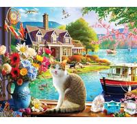 Springbok Crisp Morning 1000 Piece Jigsaw Puzzle for Adults and Families - Features a Cat Enjoying a Lakeside View - Finished Size 30" x 24"