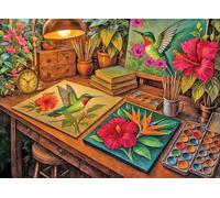 Springbok Hummingbirds and Hibiscus 1000 Piece Puzzle for Adults - Artistic Puzzle showcasing a Cozy Studio with Hummingbird Paintings