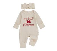 Springcmy Baby Girl Fall Outfit Romper Ribbed My First Christmas Letter Jumpsuit Long Sleeve Bodysuit Headband One Piece Clothes (C2 Khaki, 0-3 Months)