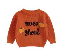 Springcmy Baby Girl Knit Sweater Chunky Long Sleeve Halloween Pumpkin Gost Pullover Sweater Crewneck Fall Winter Knitwear (Gost Orange, 6-7 Years)