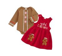 Springcmy Baby Girl My First Christmas Outfit Long Sleeve Romper Letter Gingerbread Man Embroidery Overalls Dress 2Pcs Clothes Set (A Khaki, 12-18 Months)