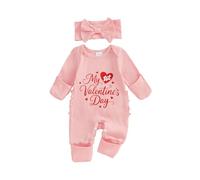 Springcmy Baby Girl My First Valentines Romper Outfit Ribbed Long Sleeve One Piece Jumpsuit Headband 2Pcs Clothes Set (G Pink, 3-6 Months)