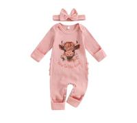Springcmy Baby Girl Outfit Highland Cow Romper Newborn Long Sleeve Western Ribbed Knit Fall Jumpsuit Headband One Piece Clothes (D Pink, 6-12 Months)