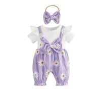 Springcmy Baby Girl Summer Summer Romper Outfit Patchwork Jumpsuit Short Sleeve O Neck Daisy Romper with Headband Clothes (A Purple, 3-6 Months)