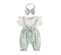 Springcmy Baby Girl Summer Summer Romper Outfit Patchwork Jumpsuit Short Sleeve O Neck Daisy Romper with Headband Clothes (A Green, 3-6 Months)