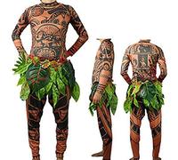 Springcmy Family Mens Maui Tattoo T Shirt/Pants with Leaves Skirt Halloween Adult Cosplay Costume Set (Brown(adult), L)